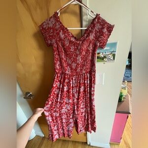 Patrons of Peace Jumpsuit Floral Print Cropped Off the Shoulder- pink and purple